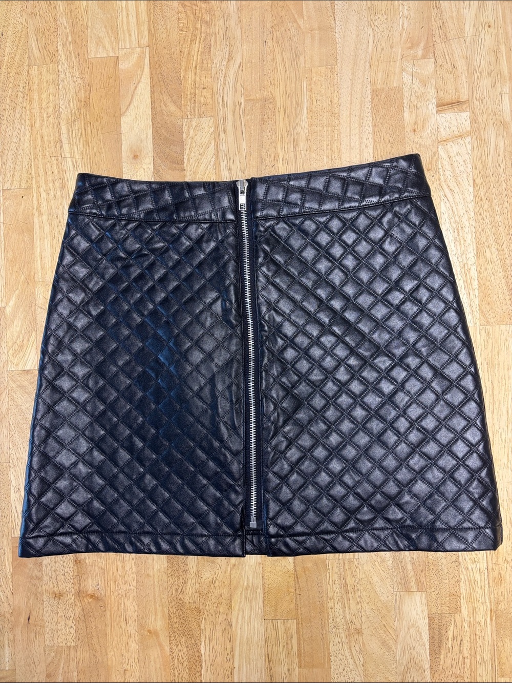 NWT Fashionomics Black Quilted Faux Leather Mini Skirt Moto Front Zip A-Line M